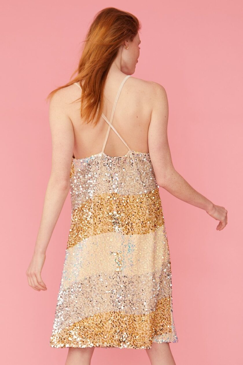 Gold Champagne and White Sequin Velvet Slip Dress - Image 5